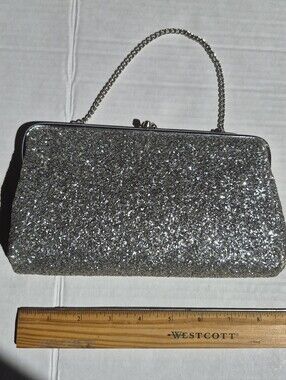 Vintage Silver Glitter Sparkle Evening Clutch Handbag